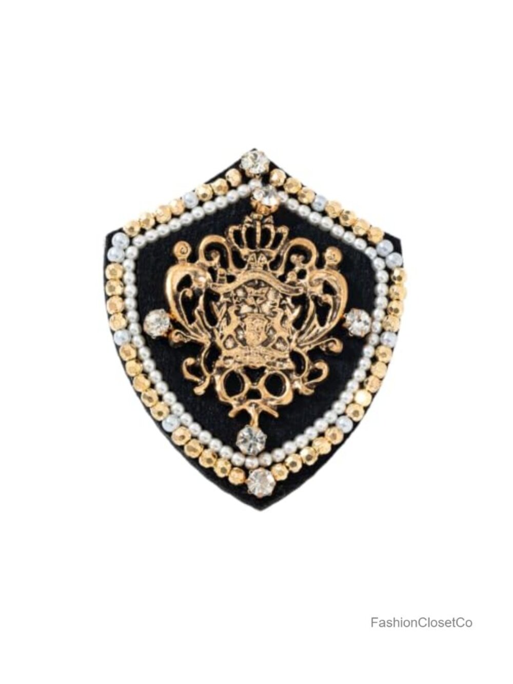 Gold Rhinestone Faux Pearl Crest Brooch Pin Vintage Style